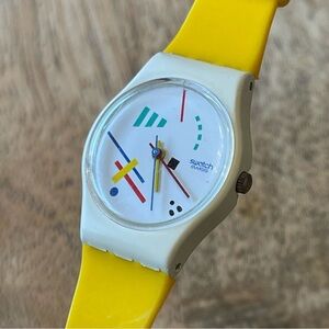 1986 Vintage Ladies swatch watch Vasily LW111 yellow band stripes 80s